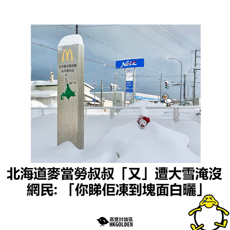 【北海道麥當勞叔叔「又」遭大雪淹沒   網民: 「你睇佢凍到塊面白曬」】