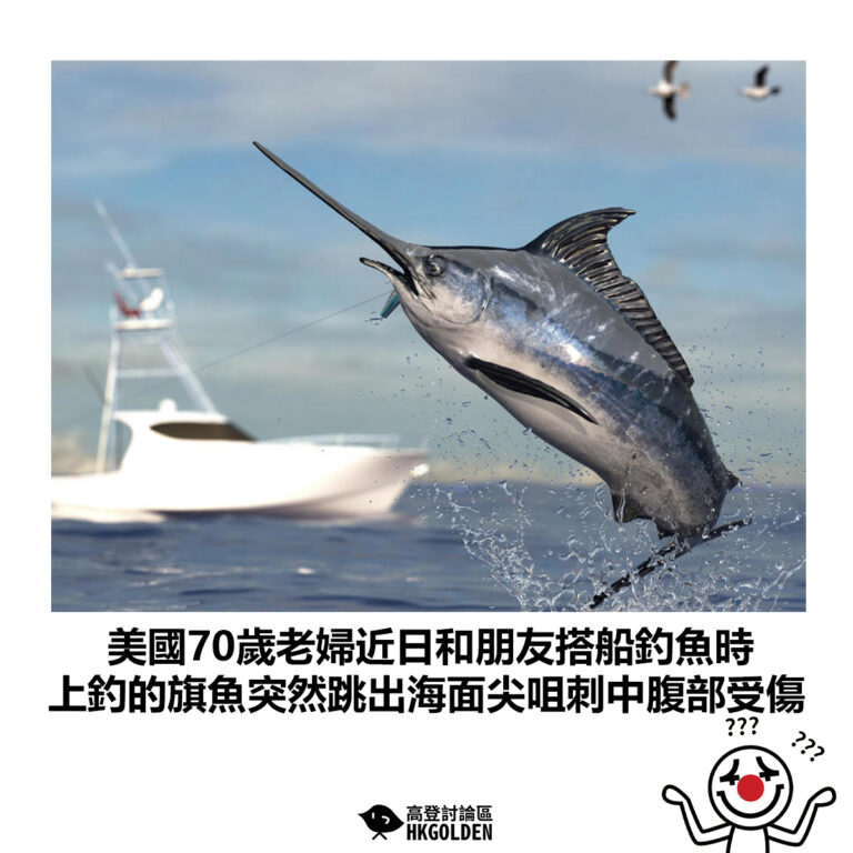 【美國70歲老婦近日和朋友搭船釣魚時 上釣的旗魚突然跳出海面尖咀刺中腹部受傷】
