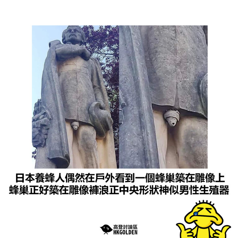 【日本養蜂人偶然在戶外看到一個蜂巢築在雕像上 蜂巢正好築在雕像褲浪正中央形狀神似男性生殖器】