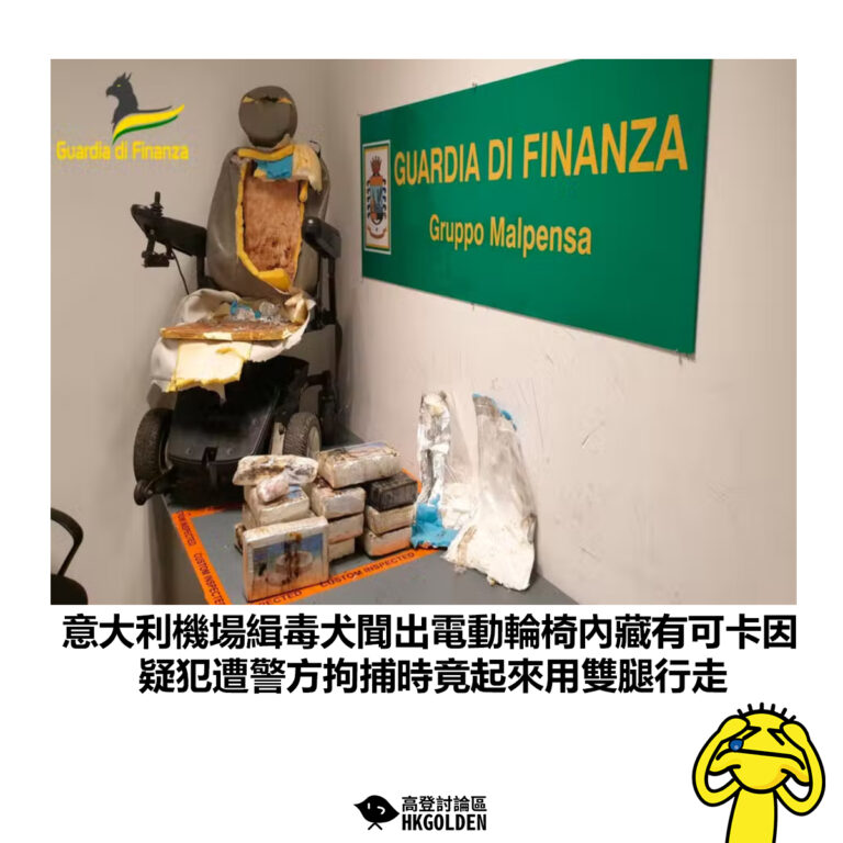 【意大利機場緝毒犬聞出電動輪椅內藏有可卡因 疑犯遭警方拘捕時竟起來用雙腿行走】