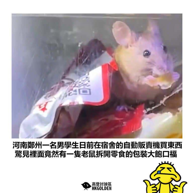 【河南鄭州一名男學生日前在宿舍的自動販賣機買東西 驚見裡面竟然有一隻老鼠拆開零食的包裝大飽口福】