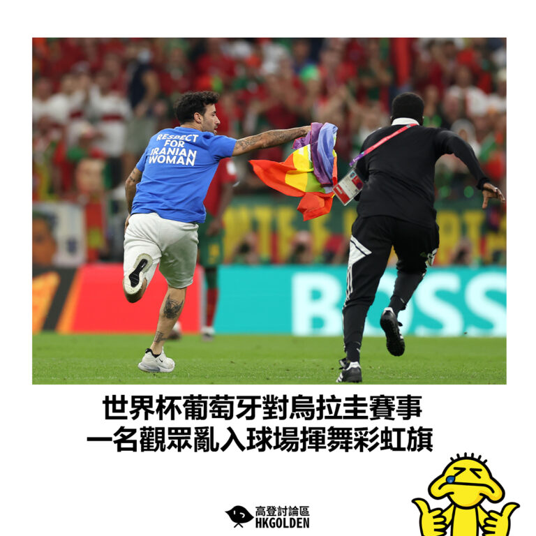 【世界杯葡萄牙對烏拉圭賽事  一名觀眾亂入球場揮舞彩虹旗 】