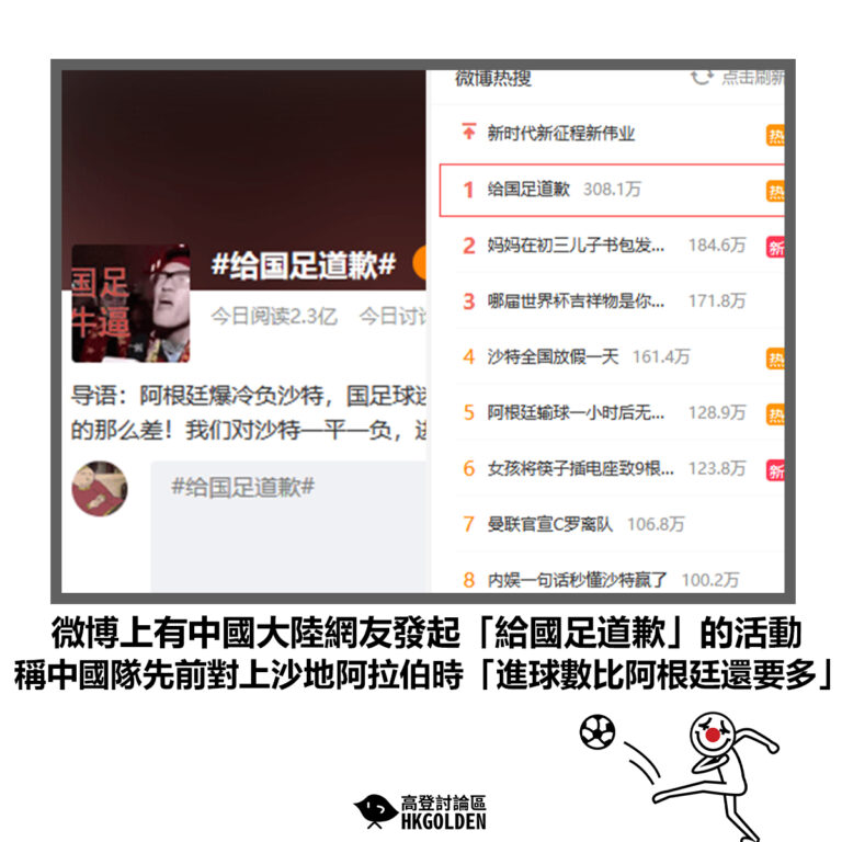 【微博上有中國大陸網友發起「給國足道歉」的活動 稱中國隊先前對上沙地阿拉伯時「進球數比阿根廷還要多」】