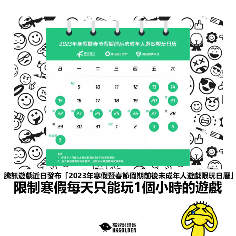 【騰訊遊戲近日發布「2023年寒假暨春節假期前後未成年人遊戲限玩日曆」限制寒假每天只能玩1個小時的遊戲】