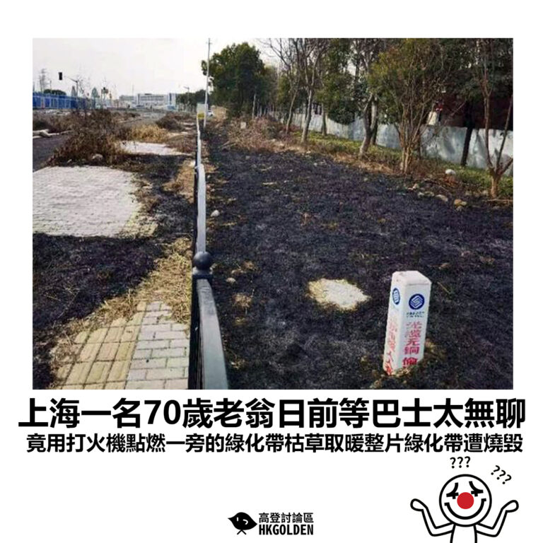 【上海一名70歲老翁日前等巴士太無聊 竟用打火機點燃一旁的綠化帶枯草取暖整片綠化帶遭燒毀】