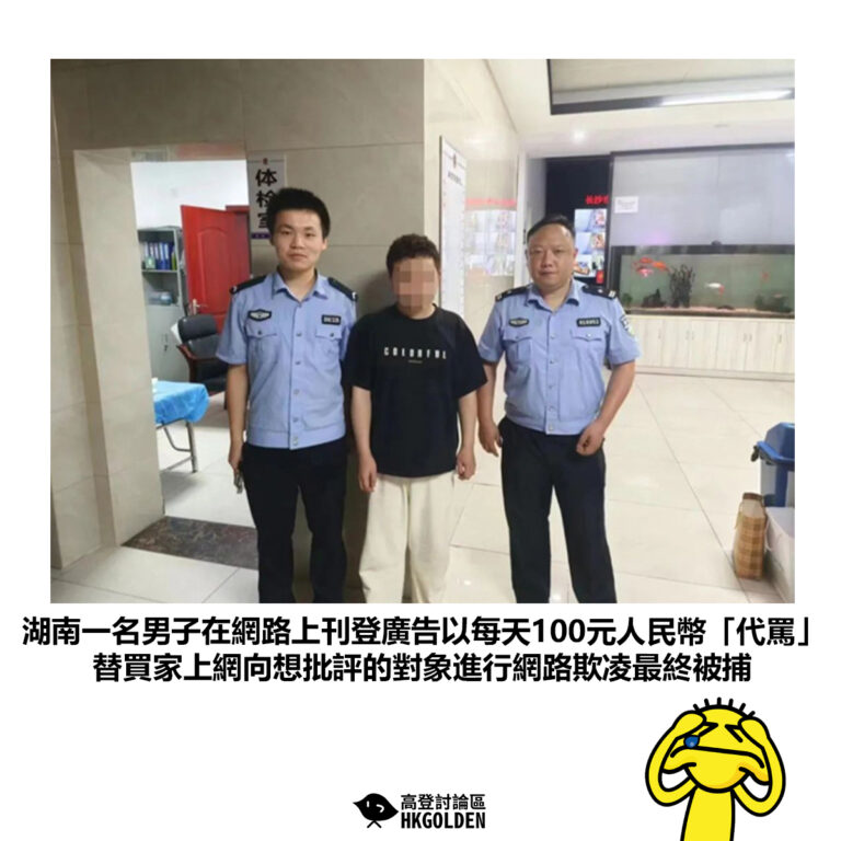 【湖南一名男子在網路上刊登廣告以每天100元人民幣「代罵」替買家上網向想批評的對象進行網路欺凌最終被捕】