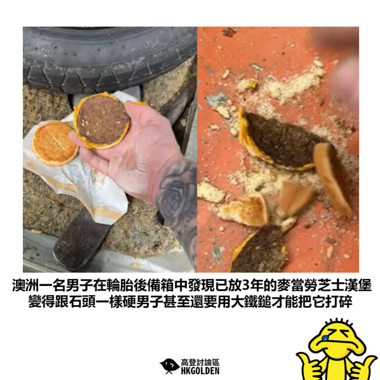 【澳洲一名男子在輪胎後備箱中發現已放3年的麥當勞芝士漢堡 變得跟石頭一樣硬男子甚至還要用大鐵鎚才能把它打碎】