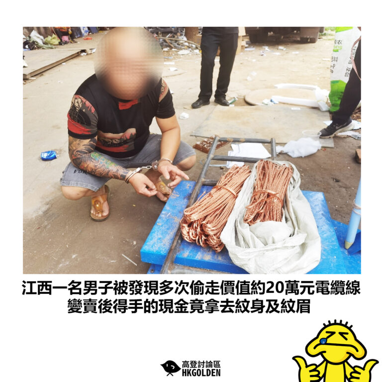 【江西一名男子被發現多次偷走價值約20萬元電纜線 變賣後得手的現金竟拿去紋身及紋眉】