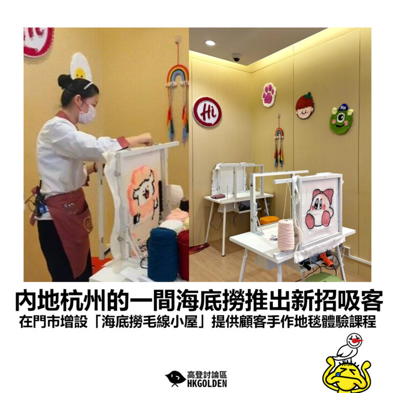 【內地杭州的一間海底撈推出新招吸客 在門市增設「海底撈毛線小屋」提供顧客手作地毯體驗課程】