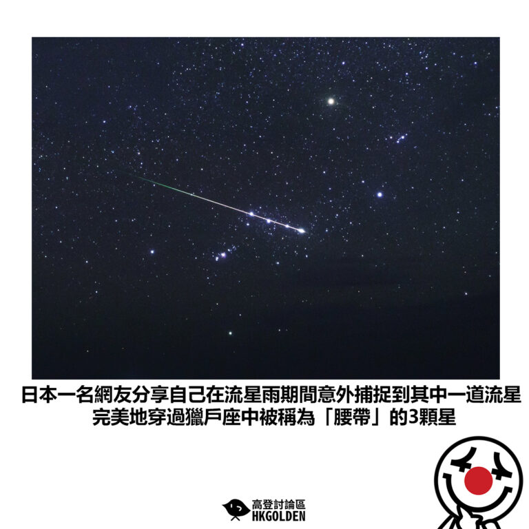【日本一名網友分享自己在流星雨期間意外捕捉到其中一道流星 完美地穿過獵戶座中被稱為「腰帶」的3顆星】