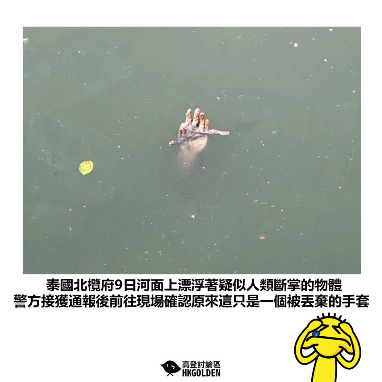 【泰國北欖府9日河面上漂浮著疑似人類斷掌的物體 警方接獲通報後前往現場確認原來這只是一個被丟棄的手套】