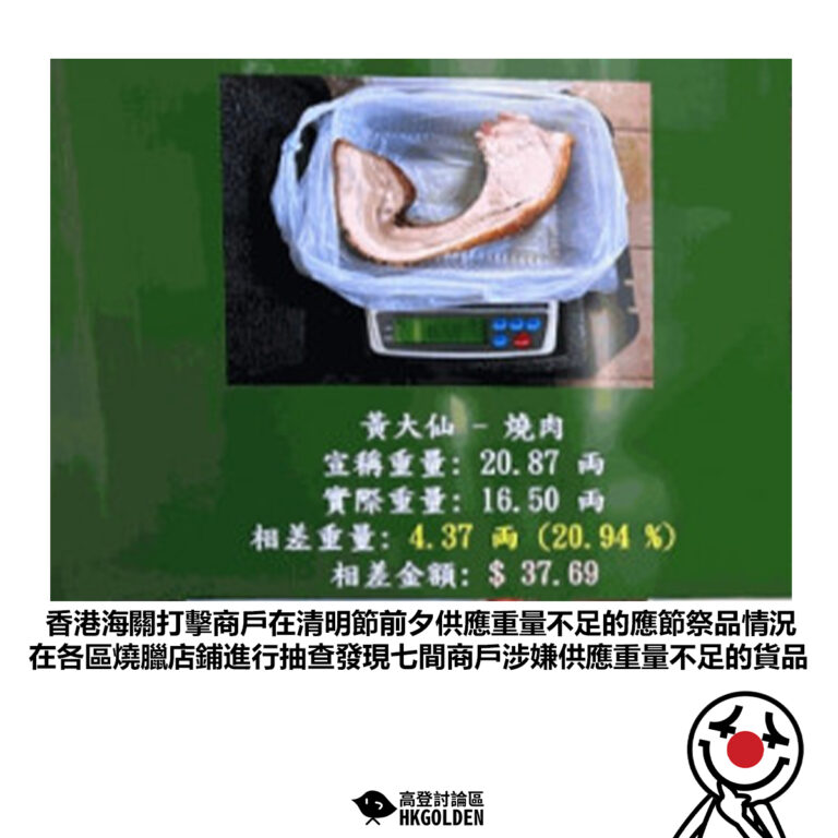 【香港海關打擊商戶在清明節前夕供應重量不足的應節祭品情況 在各區燒臘店鋪進行抽查發現七間商戶涉嫌供應重量不足的貨品】
