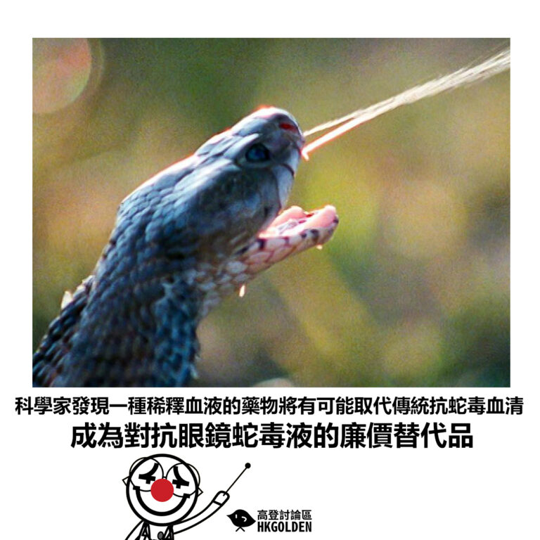 【科學家發現一種稀釋血液的藥物將有可能取代傳統抗蛇毒血清 成為對抗眼鏡蛇毒液的廉價替代品】