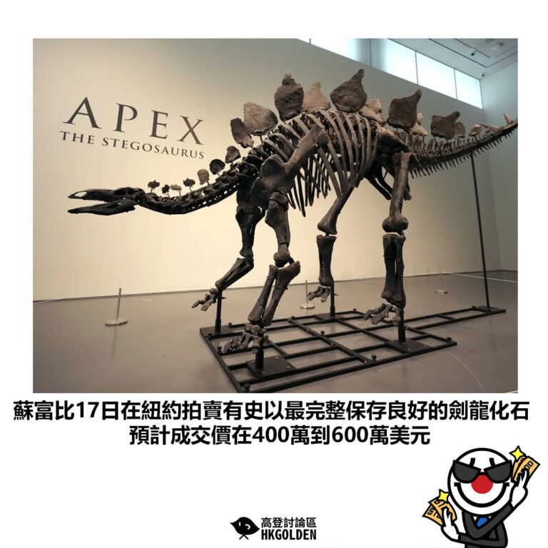 【蘇富比17日在紐約拍賣有史以最完整保存良好的劍龍化石 預計成交價在400萬到600萬美元】