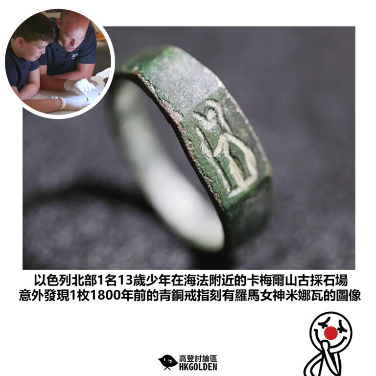 【以色列北部1名13歲少年在海法附近的卡梅爾山古採石場 意外發現1枚1800年前的青銅戒指刻有羅馬女神米娜瓦的圖像】