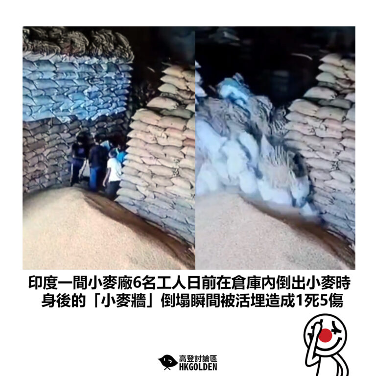 【印度一間小麥廠6名工人日前在倉庫內倒出小麥時 身後的「小麥牆」倒塌瞬間被活埋造成1死5傷】