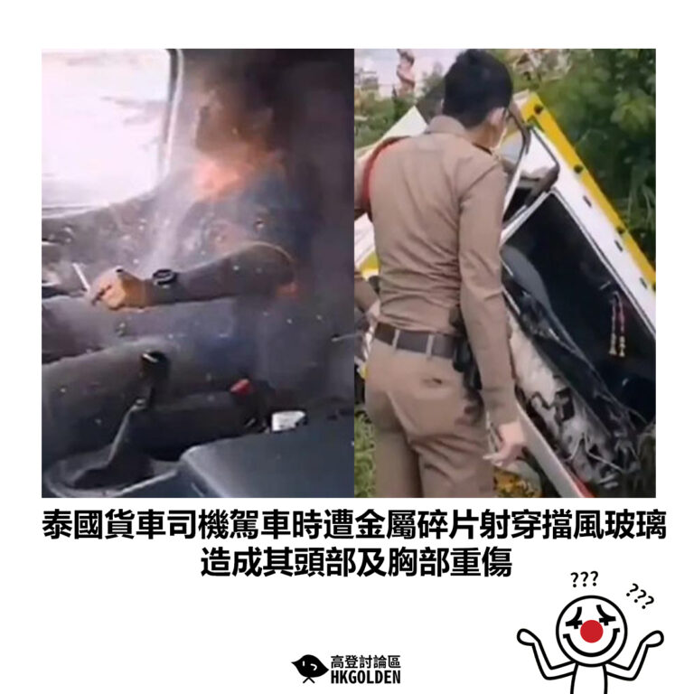 【泰國貨車司機駕車時遭金屬碎片射穿擋風玻璃 造成其頭部及胸部重傷】