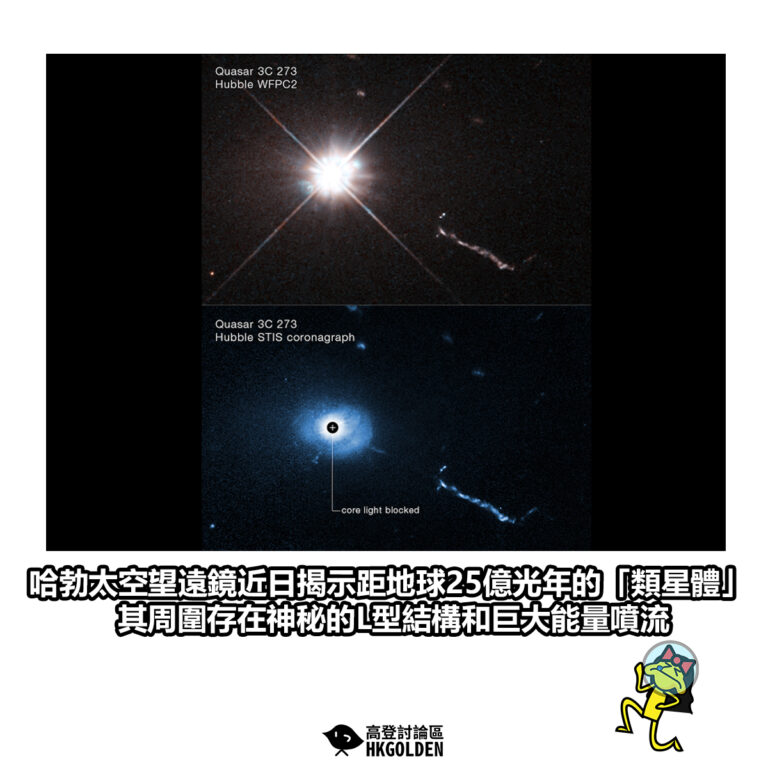 【哈勃太空望遠鏡近日揭示距地球25億光年的「類星體」其周圍存在神秘的L型結構和巨大能量噴流】