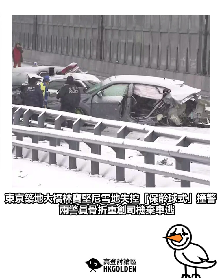 【東京築地大橋林寶堅尼雪地失控「保齡球式」撞警 兩警員骨折重創司機棄車逃】
